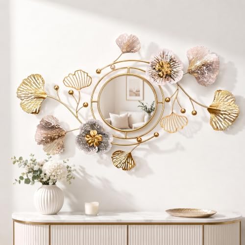 59" Large 3D Ginkgo Floral Metal Wall Decor Mirror by JXQXYN