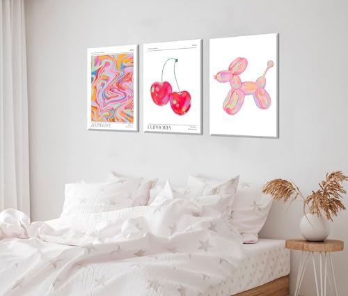 Framed Pink Preppy Wall Art Set of 3 Trendy Cute Balloon Dog Cherry Posters - Image 2