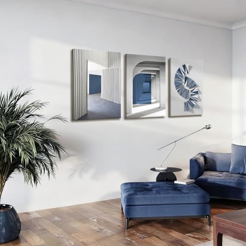 NCCXNCC 3pcs Blue-Grey Abstract Canvas Wall Art, 12x16 Inches Framed - Image 4