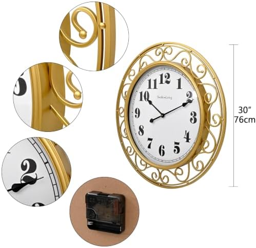 SwallowLiving 30 Inch Vintage Iron Large Gold Metal Frame Wall Clock Silent - Image 3