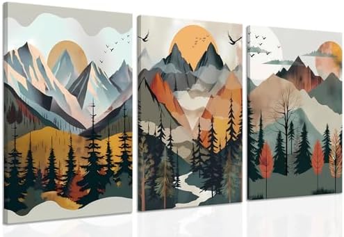 Mountain Canvas Wall Art Set of 3, Boho Sun Forest Abstract Nature Landscape by UcninvdWallart
