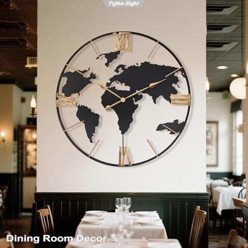 Pytha Sight 36 Inch Large Extra Metal Oversized Roman World Map Wall Clock - Image 5