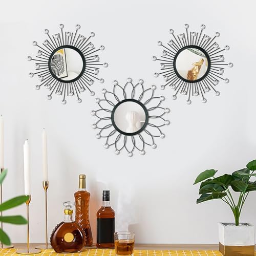 3 Pack Metal Mirrors for Wall Sunburst Wall Mirror Black Crystal Wall Art - Image 3
