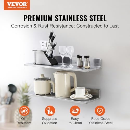 VEVOR 8.6" x 30" -2 Pack Stainless Steel Shelf, Wall Mounted Floating Shelving - Image 4