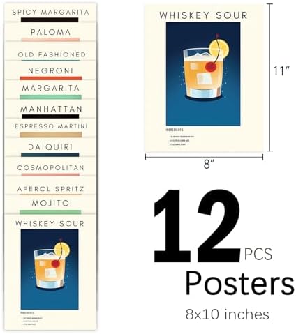 Retro Cocktail Poster Bar Wall Art, Classic Cocktail Wall Decor Set of 12 - Image 2