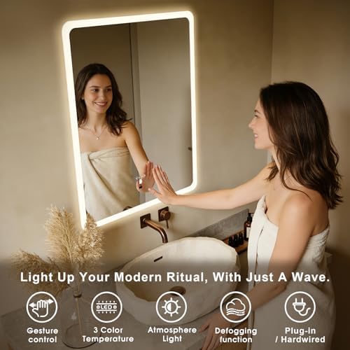 WARM&LOVE 16 x 24 Inch LED Bathroom Mirror, Hand Wave Anti-Fog Bathroom Mirror - Image 2