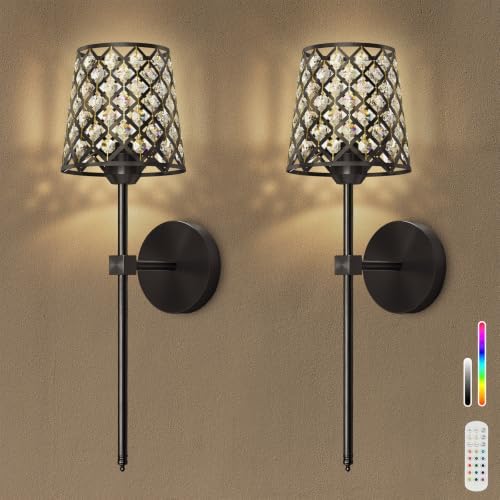 Crystal Battery Operated Wall Sconces Set of 2, Dimmable 12 RGB and 3CCT Wall by Rayspan