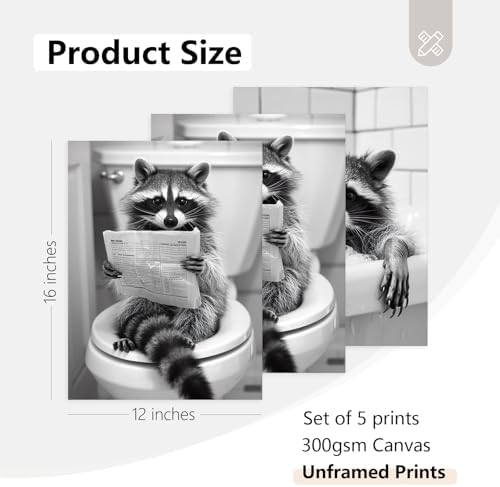 Bathroom Raccoon Decor Wall Art Funny Toilet Animal Canvas Pictures Black And - Image 2