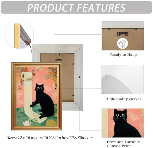 ICHZUMW Gold Framed Funny Black Cat Toilet Paper Canvas Wall Art, 12x16 In - Image 6