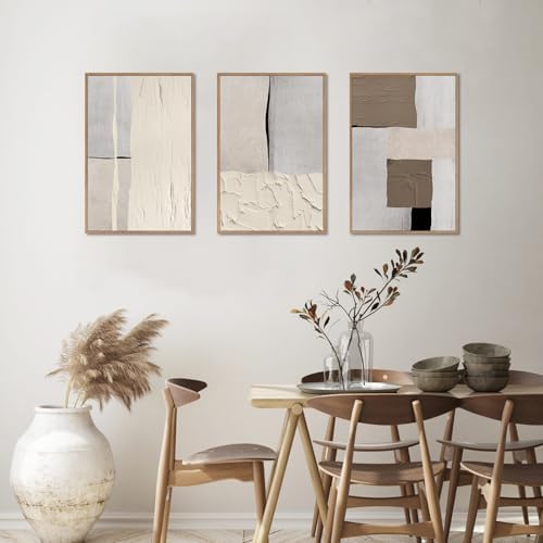 LHIUEM Large Abstract Neutral Framed Canvas Wall Art Set, Mid Century Beige - Image 3