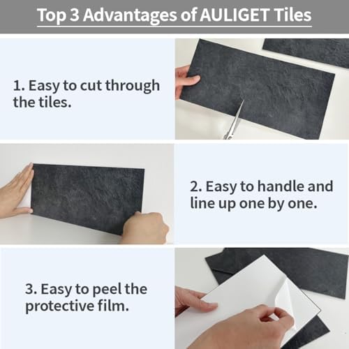 AULIGET 6" x 12" Black Slate Peel and Stick Backsplash Wall Tiles, PVC Faux - Image 4