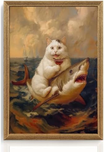 ICHZUMW Framed Funny White Cat Riding Shark Ocean Canvas Wall Art 16x24 In by Unknown