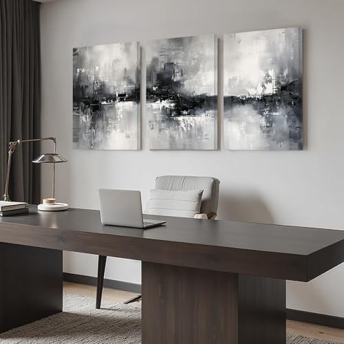AVECCO Triptych Abstract Black White Gray Wrapped Canvas Wall Art 20x30 In - Image 4