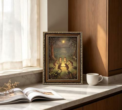 Vintage Gold Framed Frog Wall Art, Frogs Dancing in Moonlight Canvas Print - Image 4