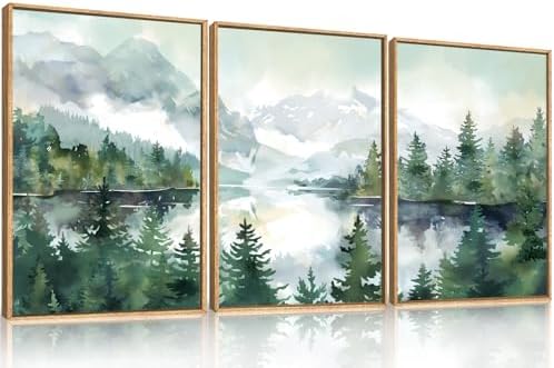 Watercolor Mountain Forest Framed Canvas Wall Art Set-24"x36"x3 - Image 5