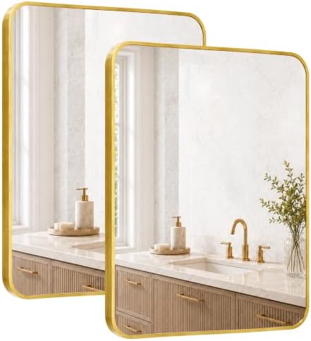 2-Pack 24x30 Inch Brushed Gold Rounded Rectangle Vanity Mirrors by Pocetry
