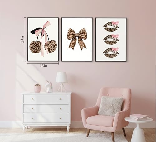YZLYAD 3Pcs Trendy Leopard Print Wall Art, Fashion Bow Cherry Lips Y2k Poster - Image 3