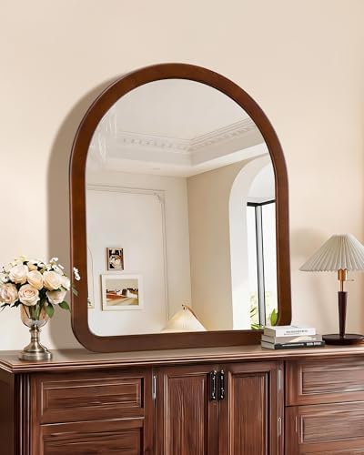 Arched Mirror 30 x 36 Inch, Walnut Brown Wood Rustic Bathroom Wall Mirror - Image 3
