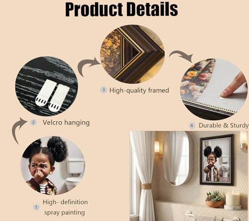 Dark Brown Framed Canvas Wall Art Funny African American Girl Bathroom Painting - Image 7