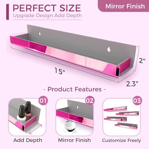 4 Pack 15 Inch Pink Reflective Acrylic Floating Wall Shelves - Image 2