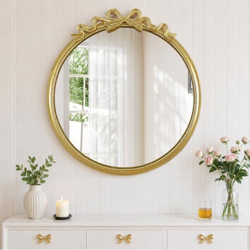 24" Round Gold Bow Mirror French Baroque Metal Frame Wall Decor by MIRAVORYGoldDecorMirrors