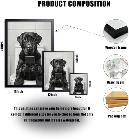 Black and White Bathroom Wall Art, Funny Labrador Dog Canvas Prints Poster - Image 3