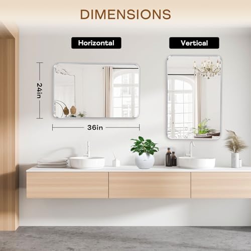 Silver Bathroom Mirror 24x36in, Metal Framed Rounded Rectangle - Image 4