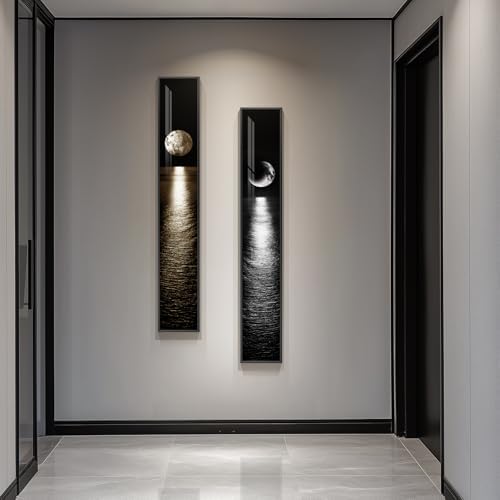 Framed Vertical Black White Gold Moon Landscape Wall Art Decor, 2 Pieces by Cuspin