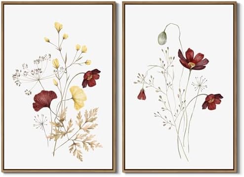 Watercolor Botanical Wall Art Prints Burgundy and Yellow Flower Pictures Wall by JOWOROLO