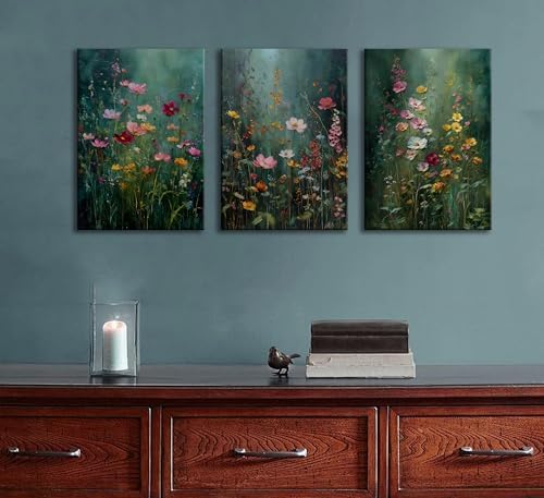 3Pcs Dark Green Floral Canvas Wall Art Moody Wildflowers Poster Prints Vintage - Image 3
