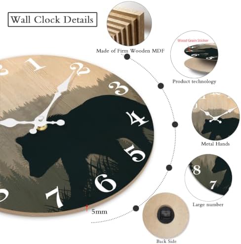 XFM Cabin Bear Wall Clock 12 Inch Silent Non Ticking - Image 3
