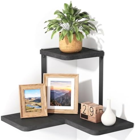 SRIWATANA 2-Tier Corner Wall Shelf, Rustic Wood Storage Display Shelf Black by SRIWATANA
