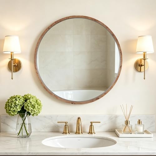 WallBeyond 28 Inch Round Wood Mirror, Burlwood Grain Wood Frame Circle Mirror - Image 2