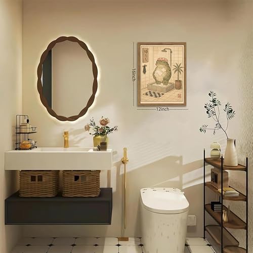 Framed Vintage Frog Bathroom Wall Art, Funny Cute Green Frog in Bubble Bath - Image 4