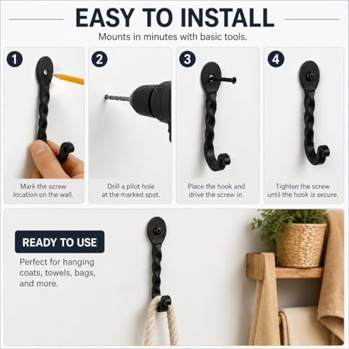 Renovators Supply Manufacturing Twisted Single Wall Hook, Wrought Iron Black - Image 3