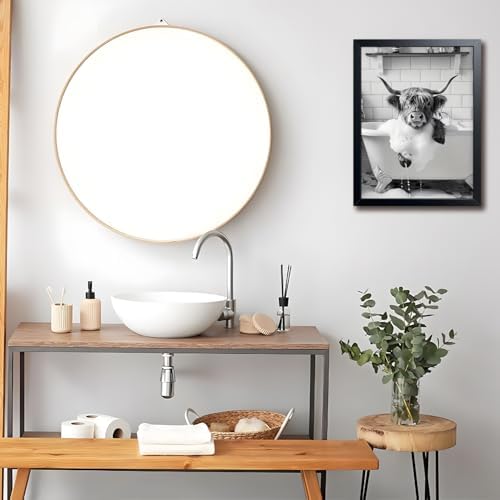 Highland Cow Bathroom Wall Art, Cute Black and White Animal Wall Decor Painting - Image 7