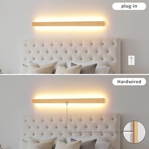 Modern Plug in Long Wall Sconce, 39.3" Faux Wood Texture Finish LED Wall Lights - Image 4