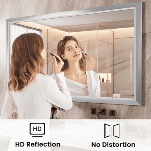 Amorho Bathroom Mirror for Wall 48x40 Inch, Brushed Silver Metal Framed - Image 2