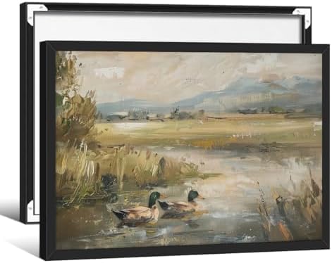Mallard Duck Pond Poster Animal Farmhouse Canvas Wall Art Vintage Duck Painting by Haitunone