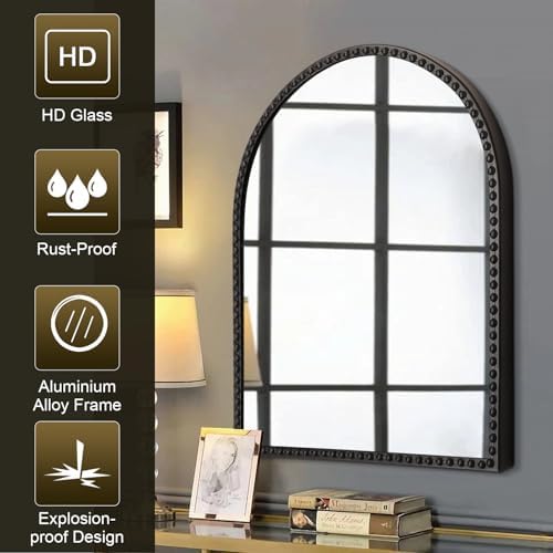 Black Arched Wall Mirror Metal Beaded Frame Bathroom Mirror - Image 6