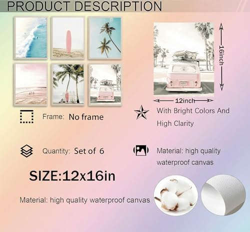 KYSNGMT Pink Coastal Wall Art Canvas Poster Prints Set of 6 - Image 6
