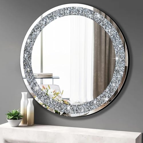 QMDECOR Round Wall Mirror 28x28 inch Crystal Crush Diamond Decor by QMDECOR