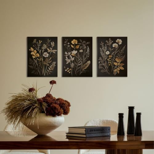 Vintage Dark Gothic Flowers Canvas Wrapped Wall Art Set of 3 24x16in Framed - Image 6