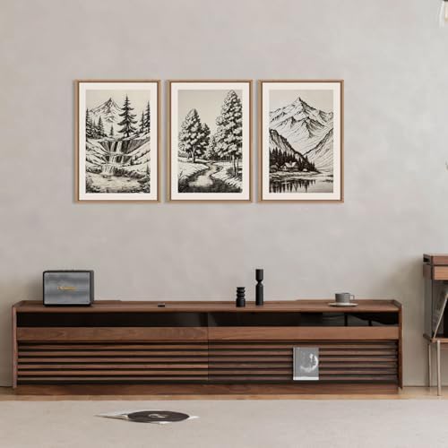 Vintage Sketch Pine Tree Mountain Framed Canvas Wall Art Set- 16"x24"x3 - Image 3