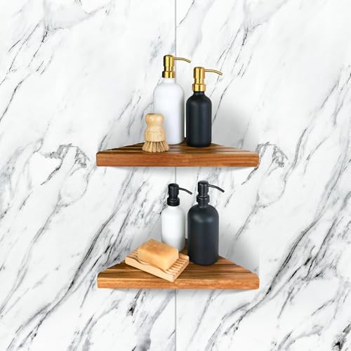 ENKEZI Acacia 2, 3 Tiers Corner Shower Shelf, Triangular Corner Shelf Wooden by ENKEZIProducts