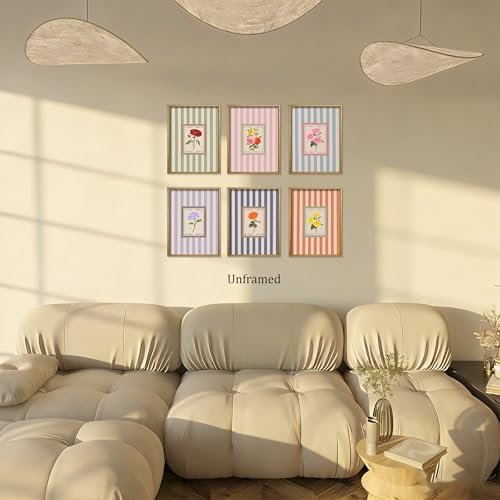 Vintage Floral Posters Wall Art Set of 6, Coquette Cute Stripe Botanical Stamp - Image 6