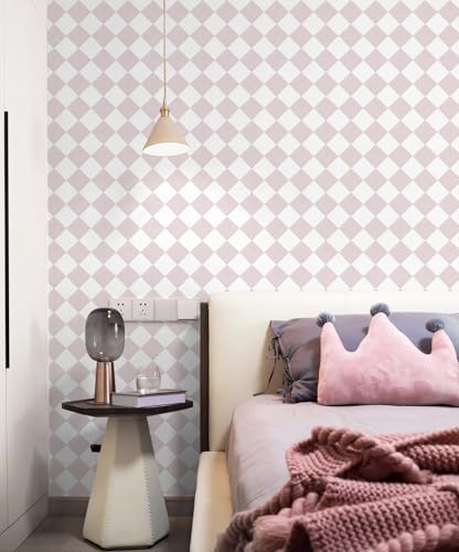Safiyya 196"x 17.3" Pink and White Checkered Wallpaper Geometric Funky Peel and - Image 2