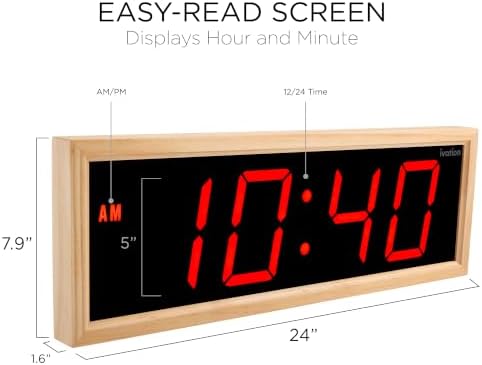 Ivation Large Digital Wall Clock, Big LED Display & Stylish Wood Frame - Image 2