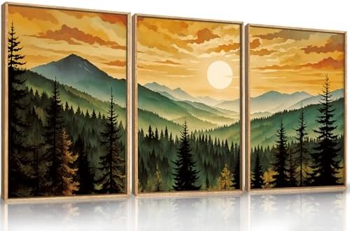 LHIUEM Large Boho Sunset Mountain Framed Canvas Wall Art, Retro Pine Tree Wall by LHIUEM
