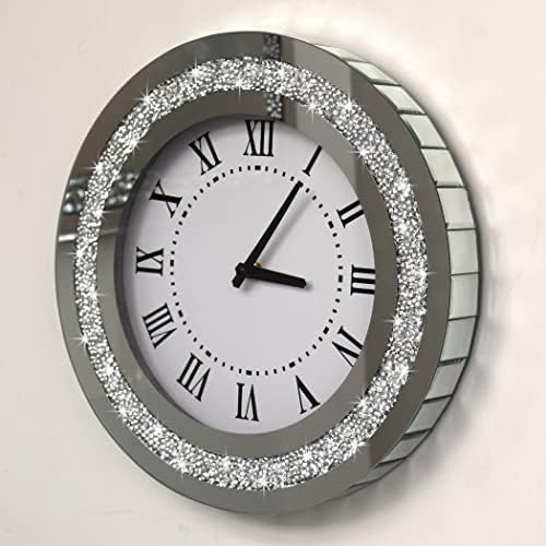 Silver Round Mirror Clock 12inch Crystal Sparkle Twinkle Bling Crush Diamond - Image 6